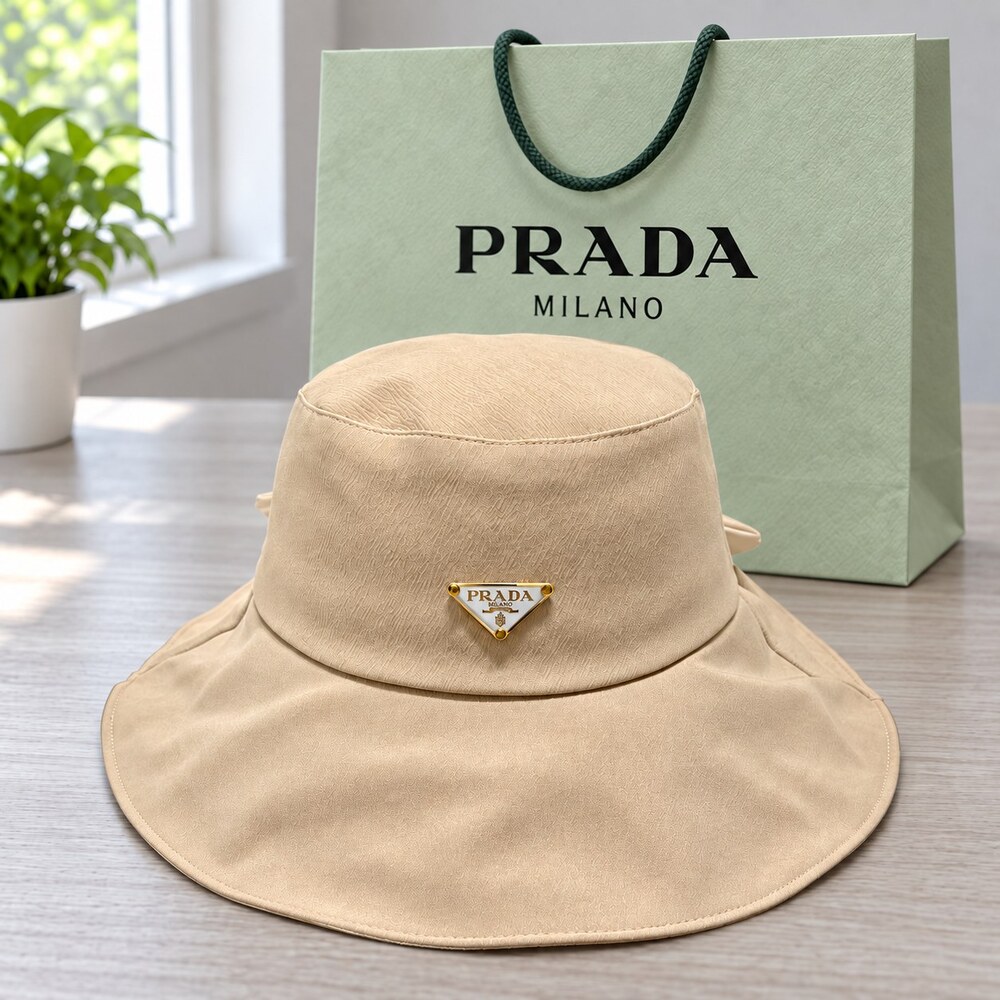 Prada Beige Wide Brim Bow Bucket Hat